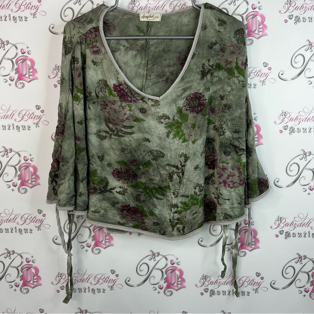 Scrapbook shirt batwing style tie ups Green Floral Blouse with Purple Accents